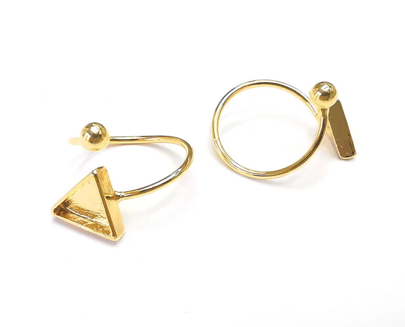 Ball Head Triangle Shiny Gold Ring Bezels Settings Resin Backs Cabochon Mounting Gold Plated Brass Adjustable Ring Base (10mm blank) G27130
