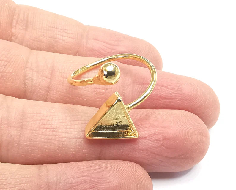 Ball Head Triangle Shiny Gold Ring Bezels Settings Resin Backs Cabochon Mounting Gold Plated Brass Adjustable Ring Base (10mm blank) G27130