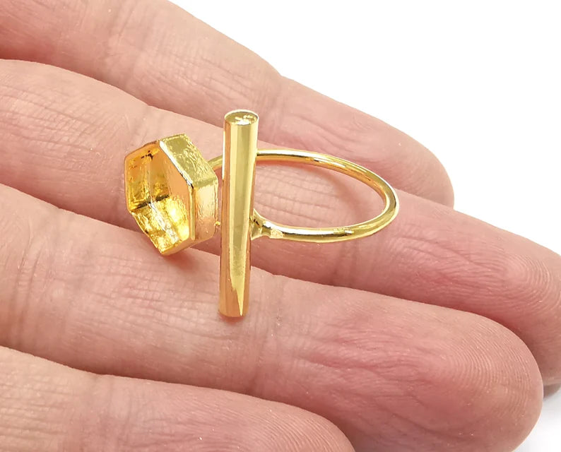 Rod Hexagonal Shiny Gold Ring Bezels Settings Resin Backs Cabochon Mounting Gold Plated Brass Adjustable Ring Base (10mm blank) G27131