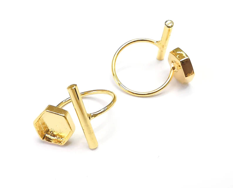 Rod Hexagonal Shiny Gold Ring Bezels Settings Resin Backs Cabochon Mounting Gold Plated Brass Adjustable Ring Base (10mm blank) G27131
