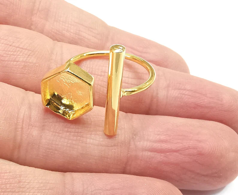 Rod Hexagonal Shiny Gold Ring Bezels Settings Resin Backs Cabochon Mounting Gold Plated Brass Adjustable Ring Base (10mm blank) G27131