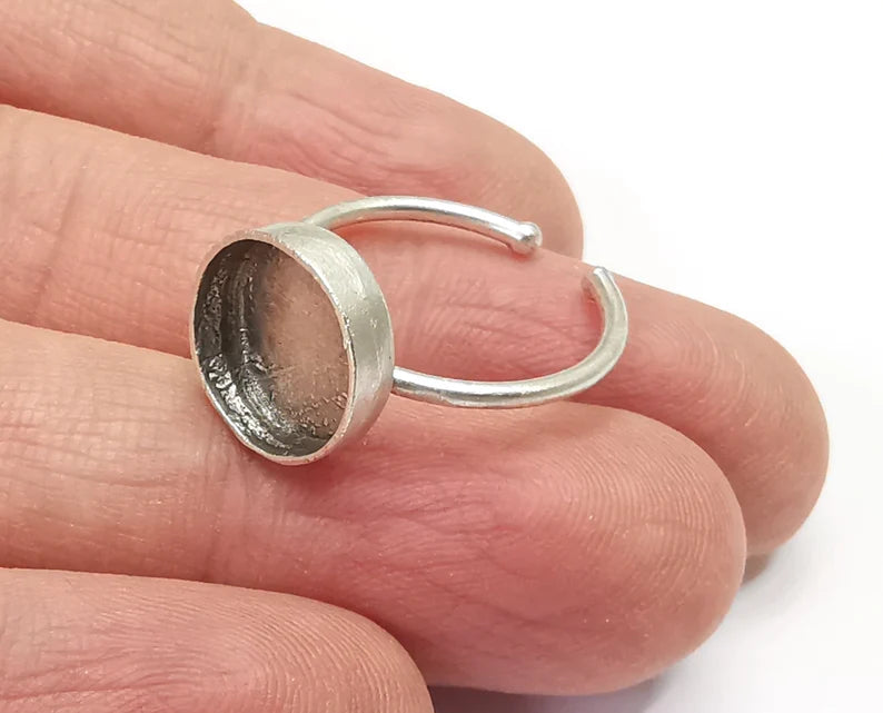 Round Silver Ring Setting Blank Cabochon Mounting Adjustable Ring Base Bezel Antique Silver Plated Brass (12mm Blank) G27135