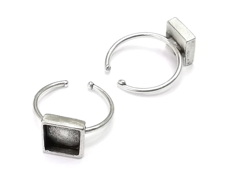 Square Silver Ring Setting Blank Cabochon Mounting Adjustable Ring Base Bezel Antique Silver Plated Brass (8mm Blank) G27136