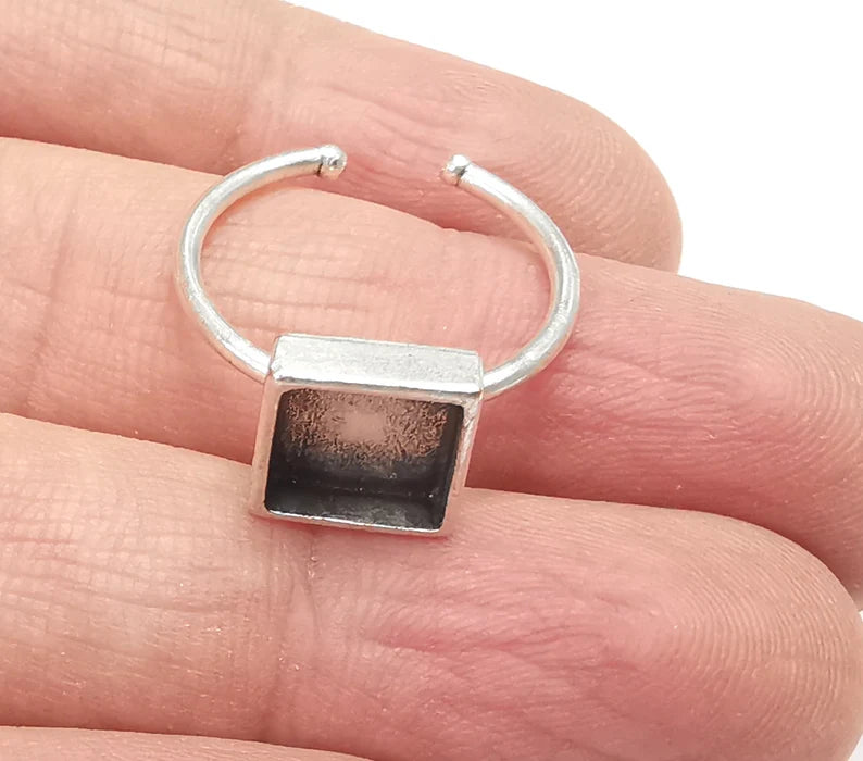 Square Silver Ring Setting Blank Cabochon Mounting Adjustable Ring Base Bezel Antique Silver Plated Brass (8mm Blank) G27136