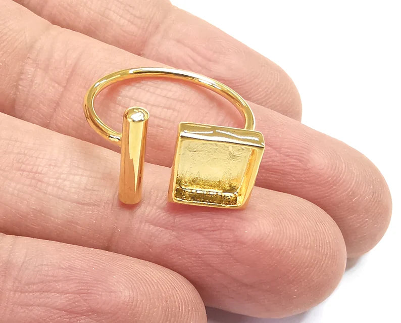 Square Rod Ring Bezels Ring Settings Resin Backs Cabochon Mounting Shiny Gold Plated Brass Adjustable Ring Base (8mm blank) G33924