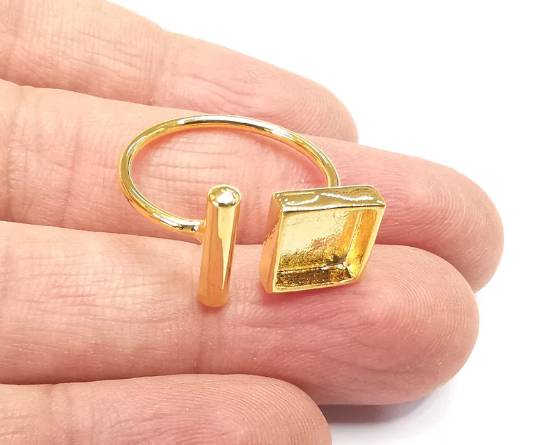 Square Rod Ring Bezels Ring Settings Resin Backs Cabochon Mounting Shiny Gold Plated Brass Adjustable Ring Base (8mm blank) G33924