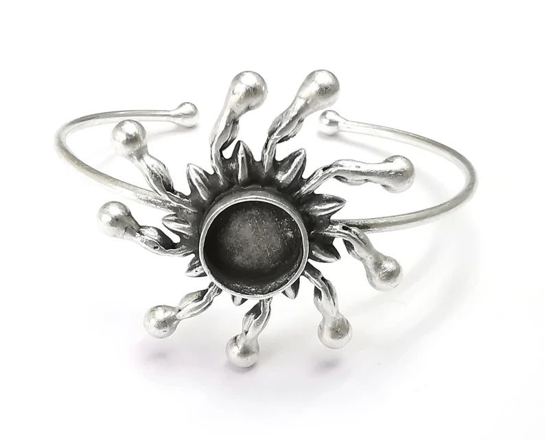 Sun Silver Bracelet Blank Resin Cuff Dry Bezel Cabochon Base Adjustable Antique Silver Plated Brass (12mm Blanks) G27138