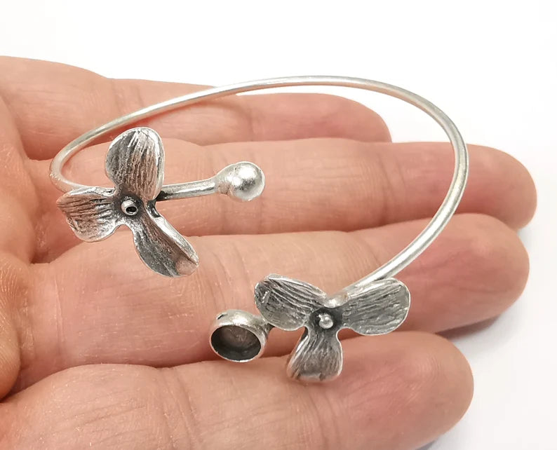 Flower Flowers Silver Bracelet Blank Resin Cuff Dry Bezel Cabochon Base Adjustable Antique Silver Plated Brass (6mm Blank) G26846
