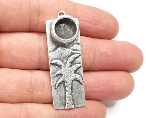 Mountain Palm Tree Pendant Blank Resin Bezel Mosaic Mountings Cabochon Setting Antique Silver Plated (48x17mm)(10mm Blank) G26850