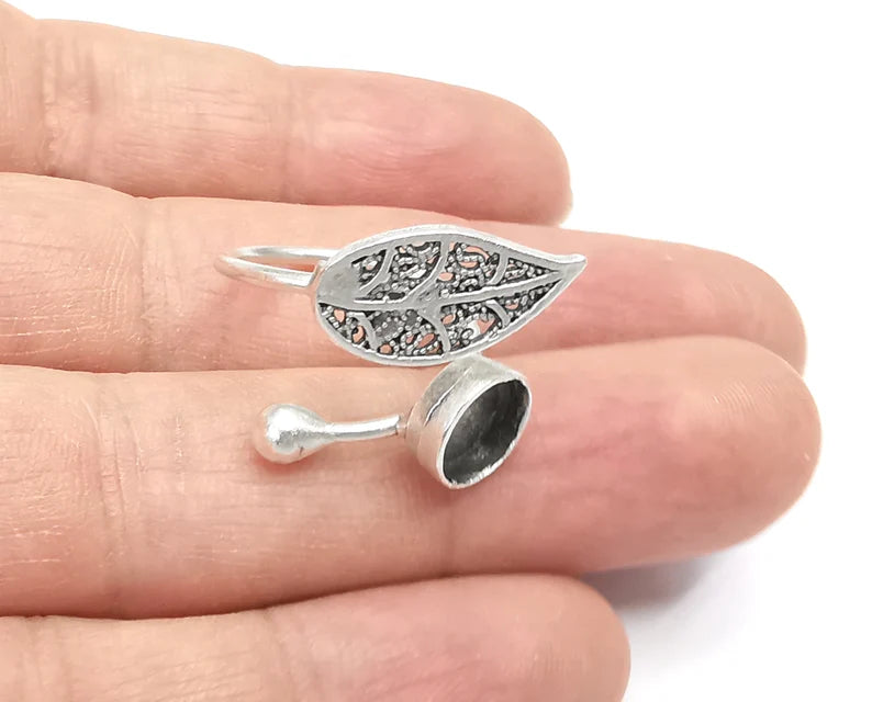 Leaf Ring Setting Blank Cabochon Mounting Adjustable Ring Base Bezel Antique Silver Plated Brass (8mm) G26851