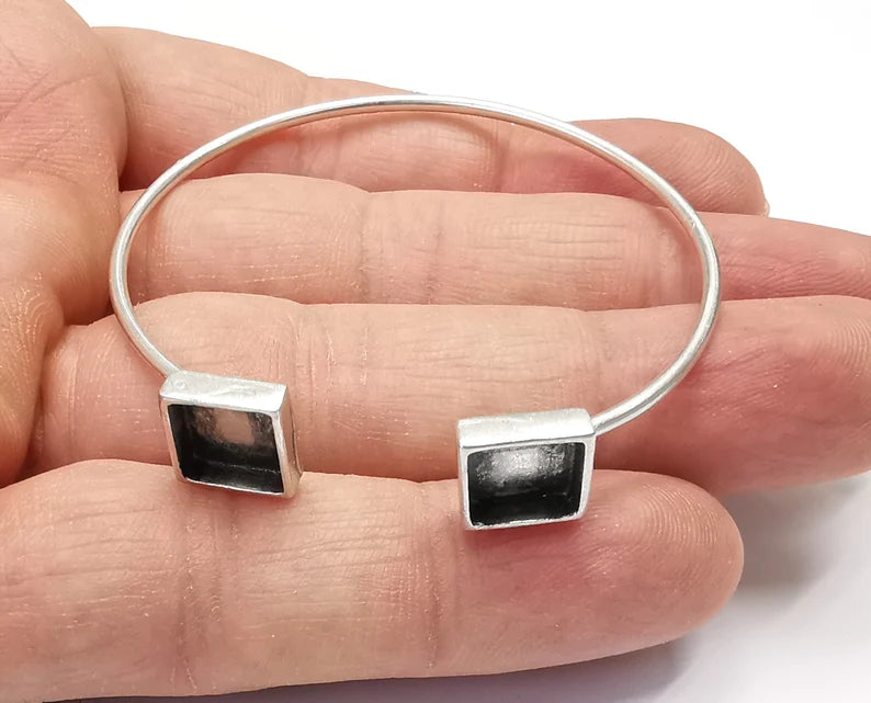 Square Blank Bracelet Resin Cuff Dry Bezel Cabochon Base Adjustable Antique Silver Plated Brass (8mm Blanks) G26852