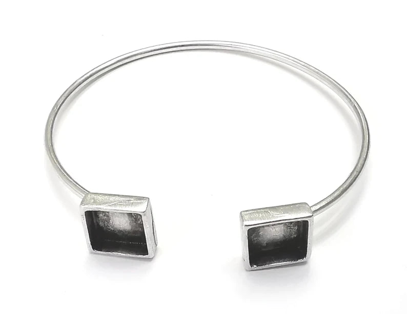 Square Blank Bracelet Resin Cuff Dry Bezel Cabochon Base Adjustable Antique Silver Plated Brass (8mm Blanks) G26852