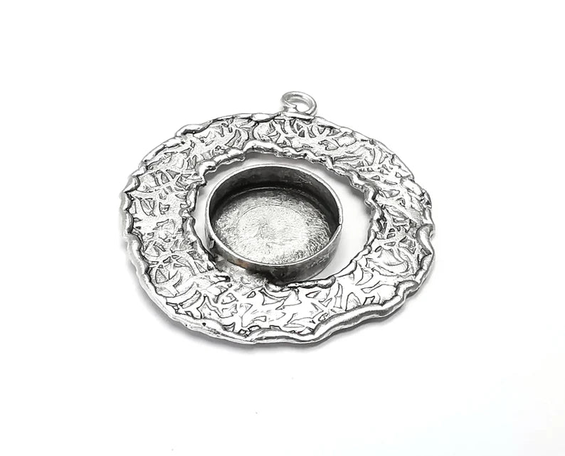 Circle Branch Textured Pendant Blank Resin Bezel Mosaic Mountings Cabochon Setting Antique Silver Plated (41x36mm)(14mm Blank) G26855