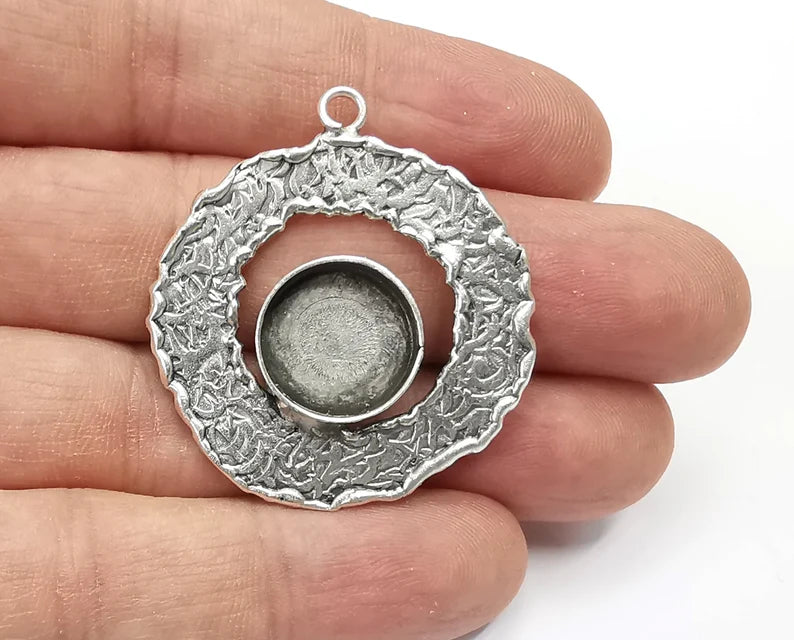Circle Branch Textured Pendant Blank Resin Bezel Mosaic Mountings Cabochon Setting Antique Silver Plated (41x36mm)(14mm Blank) G26855