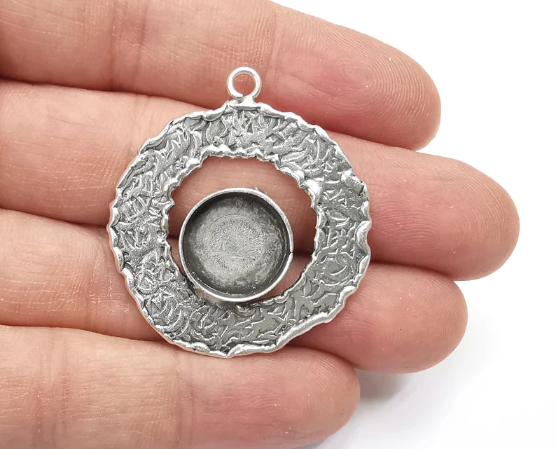 Circle Branch Textured Pendant Blank Resin Bezel Mosaic Mountings Cabochon Setting Antique Silver Plated (41x36mm)(14mm Blank) G26855