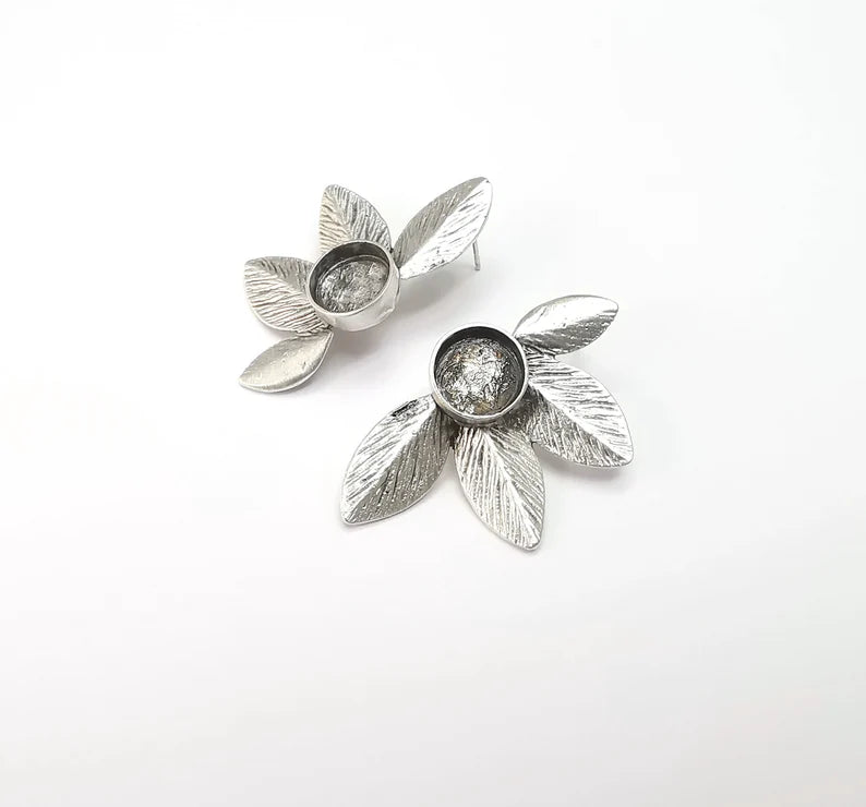 Leafs Silver Earring Set Base Wire Antique Silver Plated Brass Earring Base (10mm blank) G27143