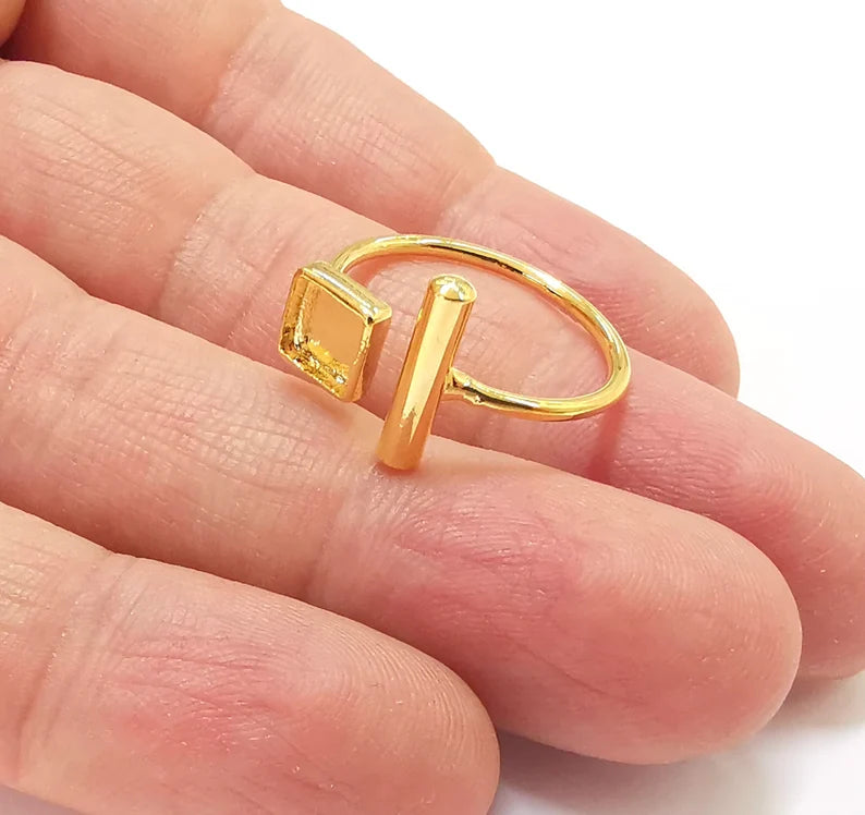 Square Rod Ring Bezels Ring Settings Resin Backs Cabochon Mounting Shiny Gold Plated Brass Adjustable Ring Base (6mm blank) G27145