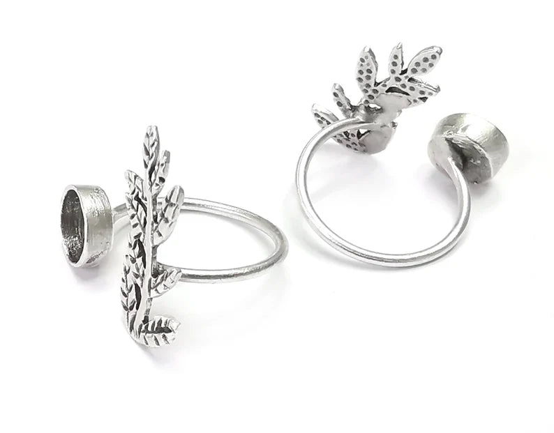 Leaf Branch Silver Ring Setting Blank Cabochon Mounting Adjustable Ring Base Bezel Antique Silver Plated Brass (8 mm) G26856