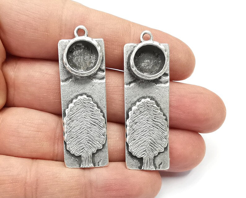 Mountain Tree Pendant Blank Resin Bezel Mosaic Mountings Cabochon Setting Antique Silver Plated (48x16mm)(10mm Blank) G26860