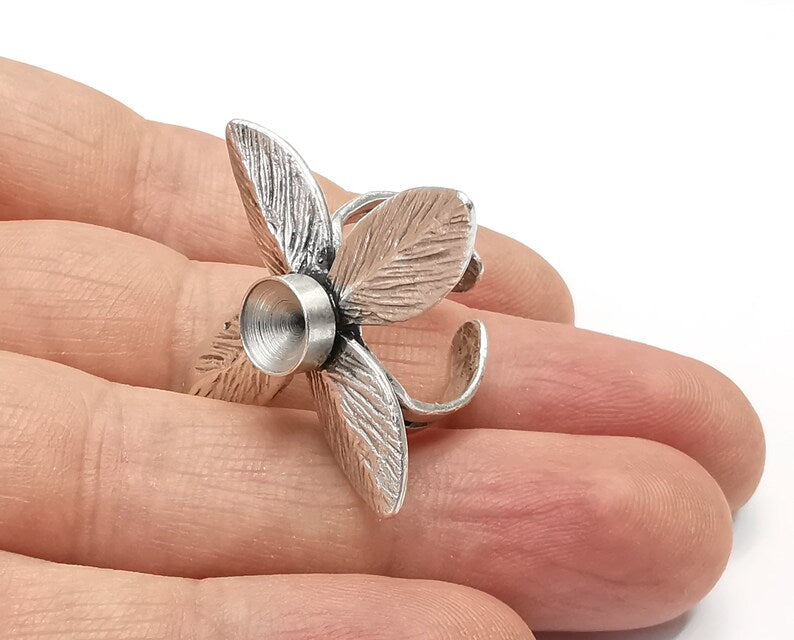 Leaf Leaves Silver Ring Setting Blank Cabochon Mounting Adjustable Ring Base Bezel Antique Silver Plated Brass (8mm) G26861