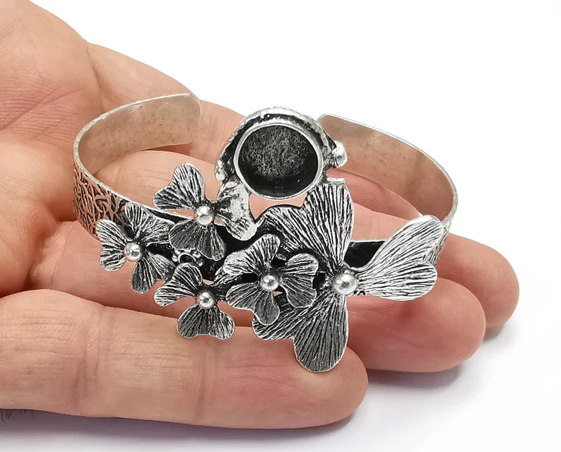 Flowers Silver Bracelet Blank Resin Cuff Dry Bezel Cabochon Base Adjustable Antique Silver Plated Brass (10mm Blank) G26863