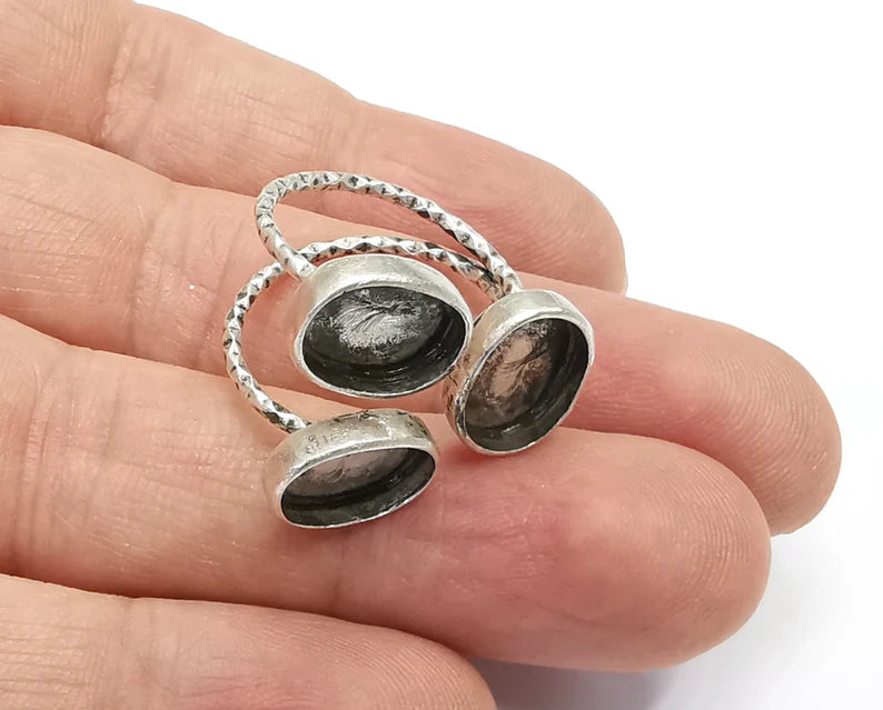 Textured Oval Silver Ring Setting Blank Cabochon Mounting Adjustable Ring Base Bezel Antique Silver Plated Brass (11x8 mm) G26864