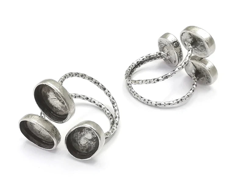 Textured Oval Silver Ring Setting Blank Cabochon Mounting Adjustable Ring Base Bezel Antique Silver Plated Brass (11x8 mm) G26864