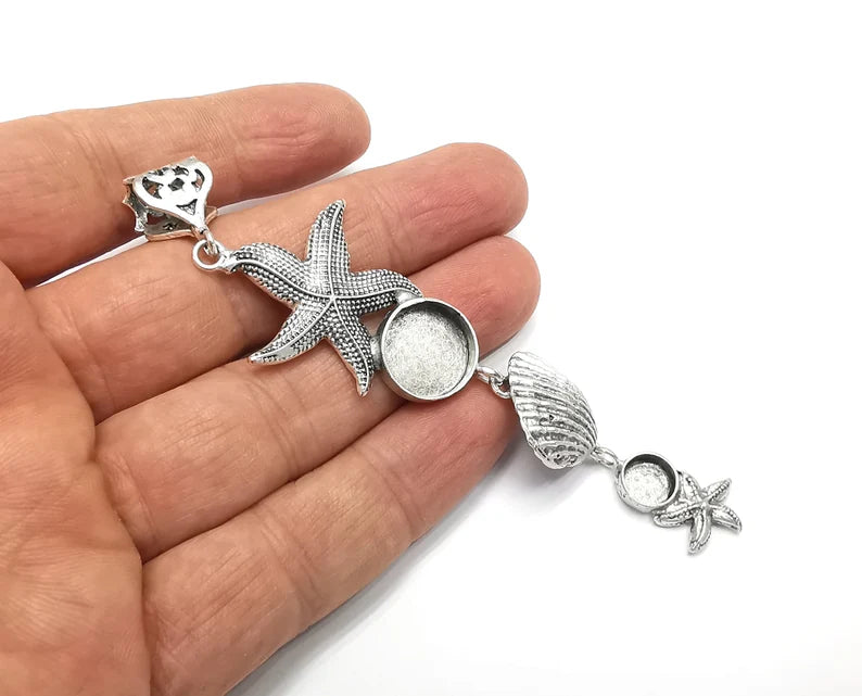 Starfish Scallop Sea Shell Dangle Pendant Base Setting Bezel Blank Antique Silver Plated Brass Pendant (112x29mm)(14 - 8mm blanks) G27146