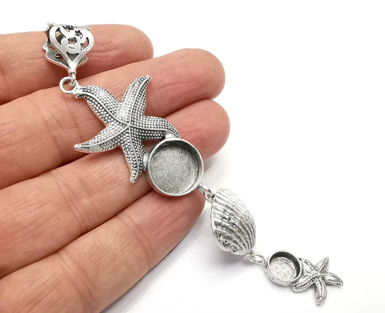 Starfish Scallop Sea Shell Dangle Pendant Base Setting Bezel Blank Antique Silver Plated Brass Pendant (112x29mm)(14 - 8mm blanks) G27146