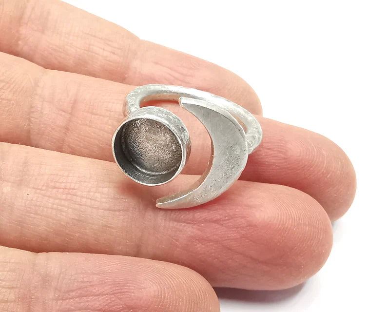Crescent Moon Ring Blank Base Bezel Settings Cabochon Base Mountings Adjustable , Antique Silver Plated Brass (10mm Blank) G27148