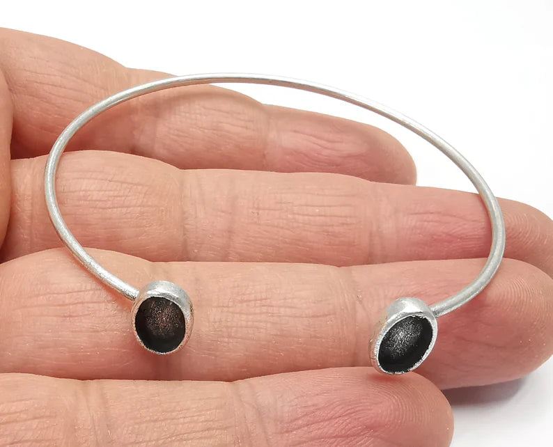 Silver Oval Bracelet Blanks Resin Cuff Dry Bezel Cabochon Base Adjustable Antique Silver Plated Brass (8x6mm Blanks) G27151