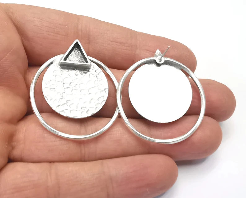 1 Pairs Disc Hammered Hoop Triangle Silver Earring Set Base Wire Antique Silver Plated Brass Earring Base (38x34mm) G27152