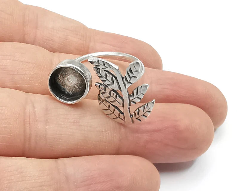 Leaf Branch Silver Ring Setting Blank Cabochon Mounting Adjustable Ring Base Bezel Antique Silver Plated Brass (10 mm) G26866