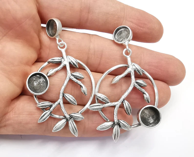 Branch Leaf Leaves Dangle Earring Set Base Wire Antique Silver Plated Brass 1 Pairs (10 and 8mm Blanks ) G26869