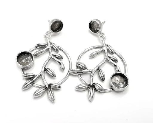 Branch Leaf Leaves Dangle Earring Set Base Wire Antique Silver Plated Brass 1 Pairs (10 and 8mm Blanks ) G26869