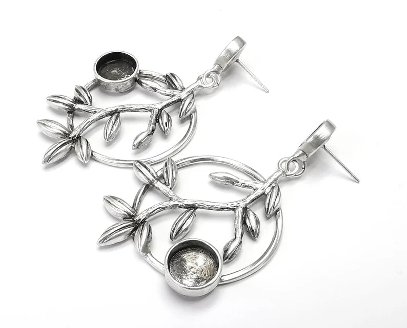 Branch Leaf Leaves Dangle Earring Set Base Wire Antique Silver Plated Brass 1 Pairs (10 and 8mm Blanks ) G26869