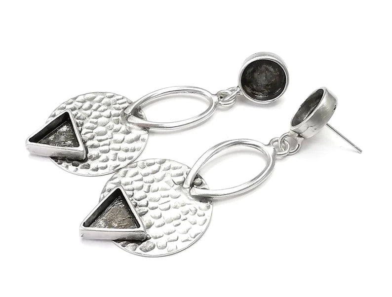 Hammered Disc Triangle Dangle Earring Set Base Wire Antique Silver Plated Brass (10mm Blanks ) G26870