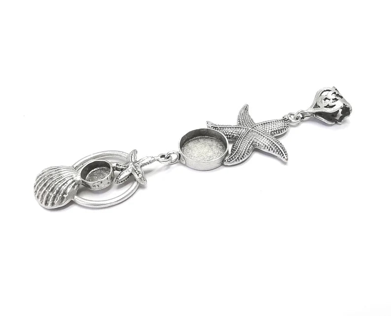 Starfish Scallop Sea Shell Dangle Pendant Base Setting Bezel Blank Antique Silver Plated Brass Pendant (104x29mm)(14 - 8mm blanks) G27157