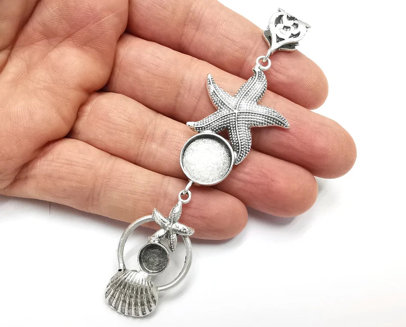Starfish Scallop Sea Shell Dangle Pendant Base Setting Bezel Blank Antique Silver Plated Brass Pendant (104x29mm)(14 - 8mm blanks) G27157