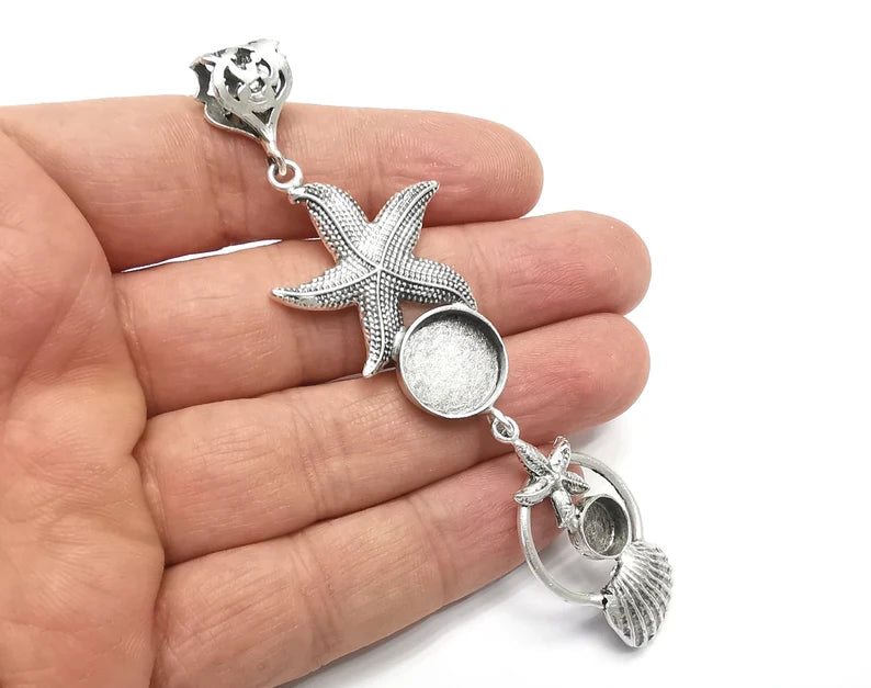 Starfish Scallop Sea Shell Dangle Pendant Base Setting Bezel Blank Antique Silver Plated Brass Pendant (104x29mm)(14 - 8mm blanks) G27157