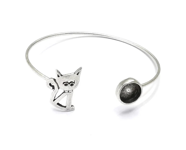 Cat Silver Bracelet Brass Cuff Blank Bezel Glass Cabochon Base Adjustable Antique Silver Brass (8mm blank) G27158