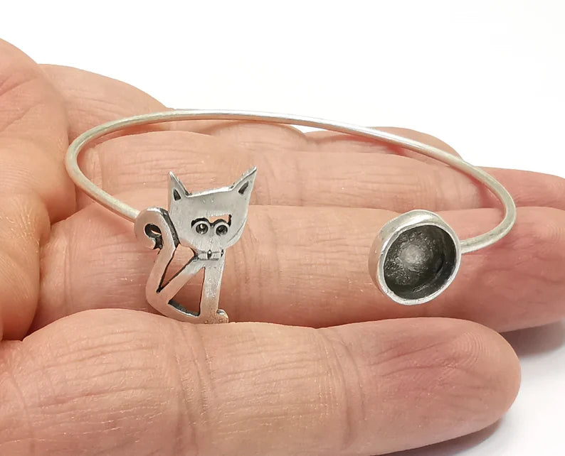 Cat Silver Bracelet Brass Cuff Blank Bezel Glass Cabochon Base Adjustable Antique Silver Brass (8mm blank) G27158