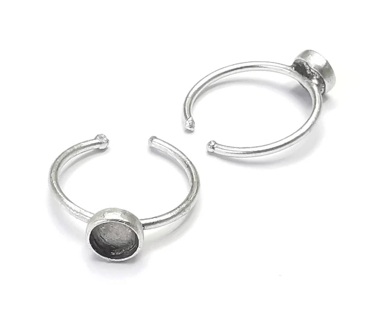 Circle Round Blank Silver Ring Setting Cabochon Mounting Adjustable Ring Base Bezel Antique Silver Plated Brass (6mm blank) G27161