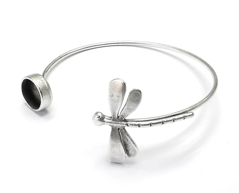 Dragonfly Silver Bracelet Brass Cuff Blank Bezel Glass Cabochon Base Adjustable Antique Silver Plated Brass (10mm blank) G27162