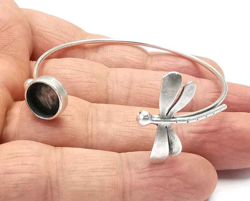 Dragonfly Silver Bracelet Brass Cuff Blank Bezel Glass Cabochon Base Adjustable Antique Silver Plated Brass (10mm blank) G27162