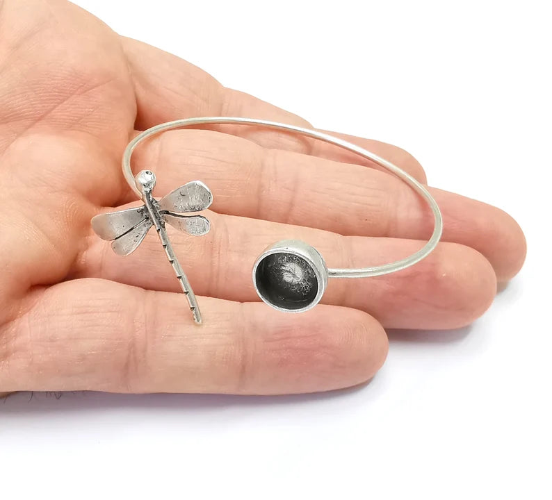 Dragonfly Silver Wire Bracelet Brass Cuff Blank Bezel Cabochon Base Adjustable Antique Silver Plated Brass (10mm blank) G26873