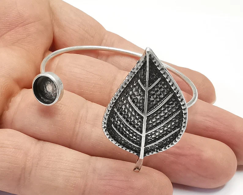 Leaf Bracelet Brass Cuff Blank Bezel Glass Cabochon Base Adjustable Antique Silver Plated Bbrass (8mm Blank ) G26878