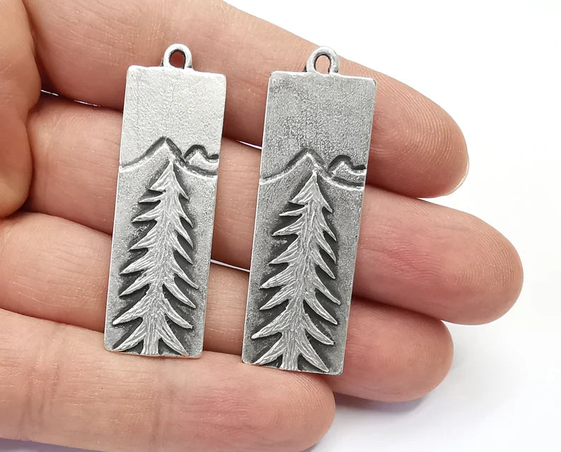 Pine Tree Landscape Mountain Charms Antique Silver Plated Charms (46x16mm) G26876