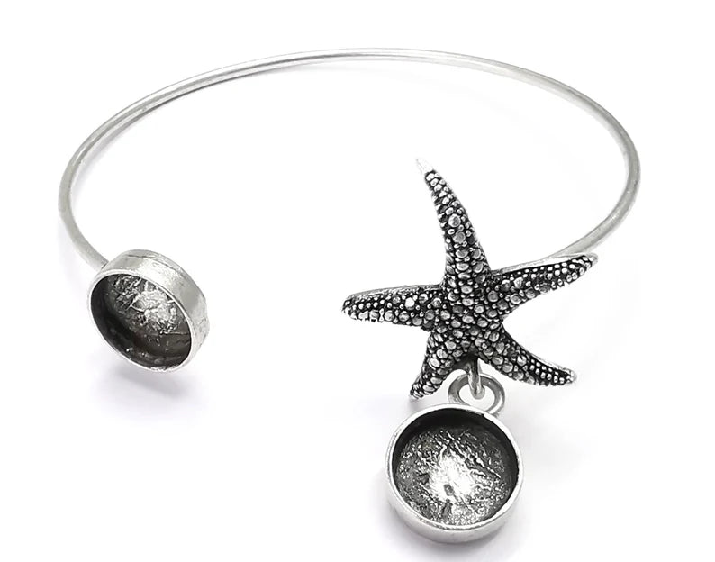 Starfish Dangle Bracelet Blanks, Cuff Bezels Cabochon Bases Resin Mountings, Cuff Frame, Antique Silver Plated Brass (10mm bezel) G26883