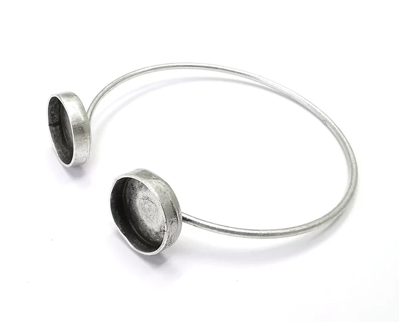 Circle Bracelet Cuff Blank Bezel Glass Cabochon Base Adjustable Antique Silver Plated Brass (14 mm Blanks) G26884